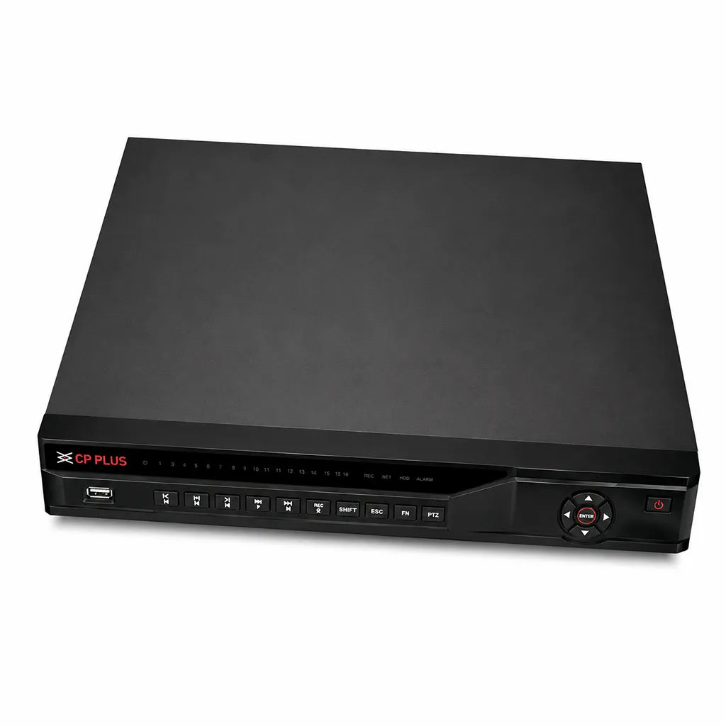 CP PLUS CP-UNR-4K4322-V3 32 Channel 4K Network Video Recorder top front view with sleek black design -tpstech.in