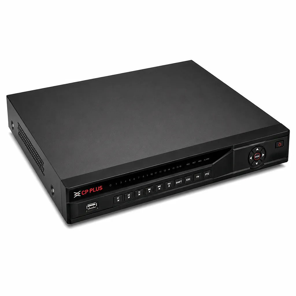 CP PLUS CP-UNR-4K4322-V3 32 Channel 4K Network Video Recorder top right angle view with front USB port and control panel -tpstech.in