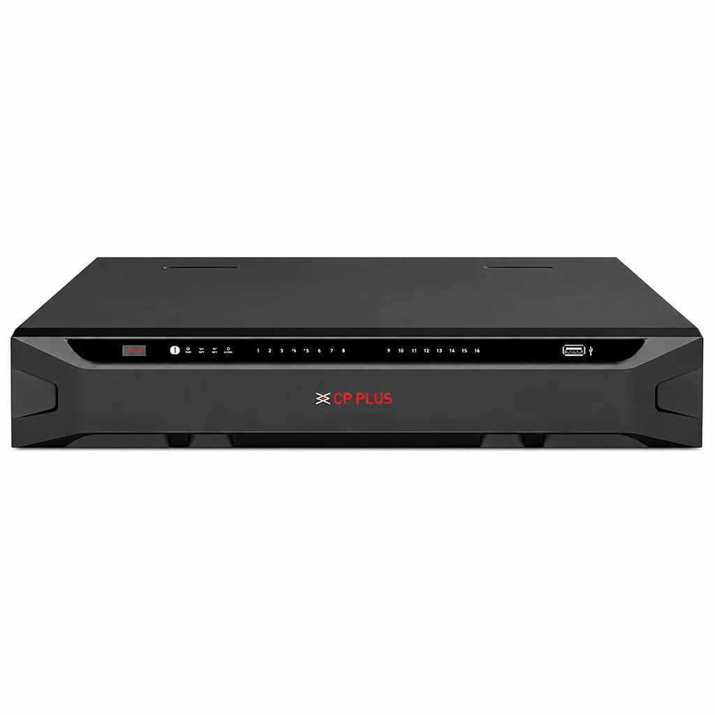 CP PLUS CP-UNR-4K5324-FI 32 Channel 4K AI Network Video Recorder front view with USB port and LED status indicators -tpstech.in
