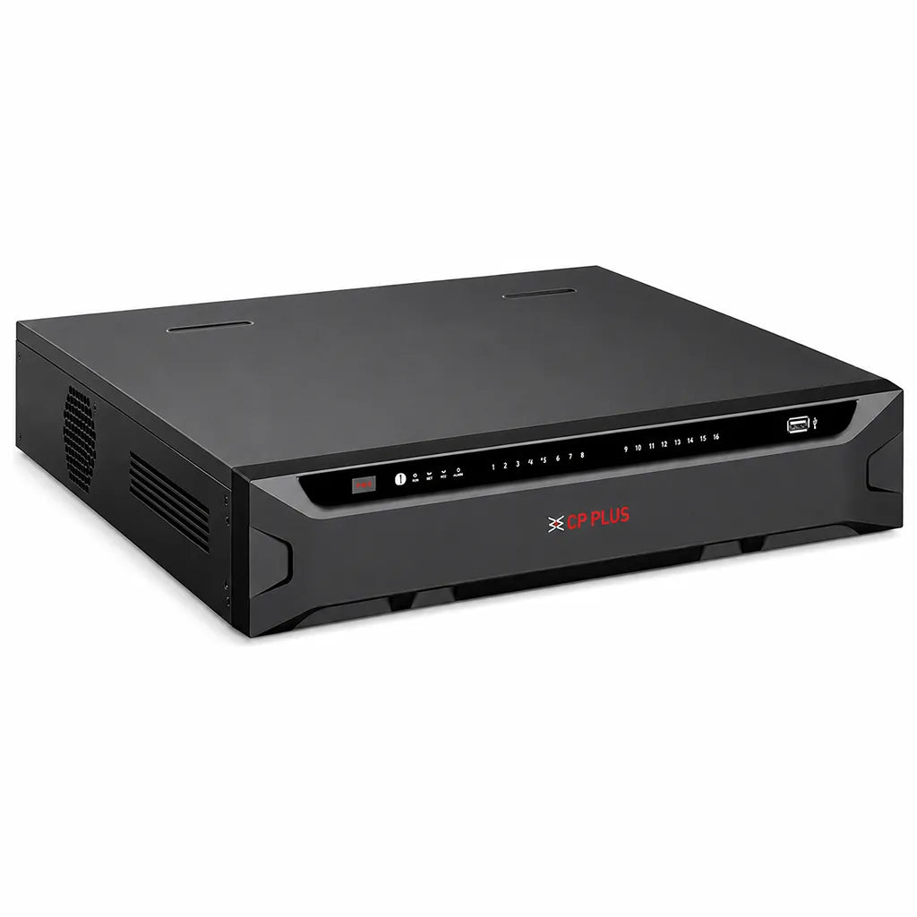 CP PLUS CP-UNR-4K5324-FI 32 Channel 4K AI Network Video Recorder left angle view showing front panel and ventilation design -tpstech.in