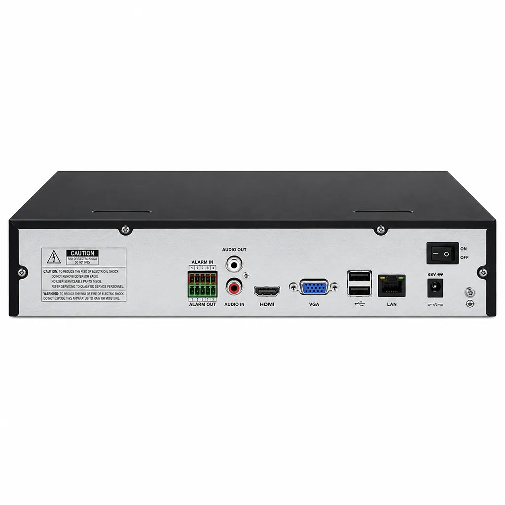 CP PLUS CP-UNR-4K5324-FI 32 Channel 4K AI Network Video Recorder rear panel with HDMI VGA LAN USB audio and alarm ports -tpstech.in