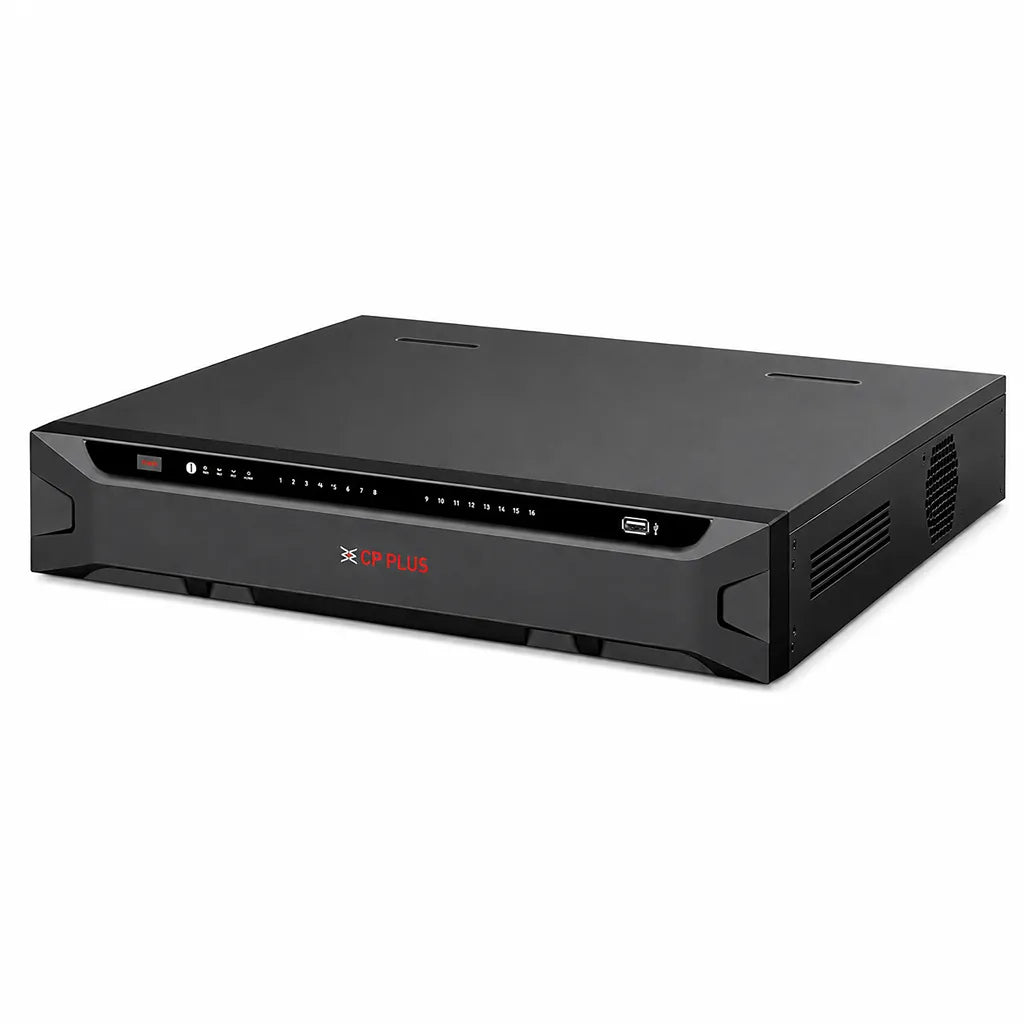 CP PLUS CP-UNR-4K5324-FI 32 Channel 4K AI Network Video Recorder right angle view highlighting durable metal chassis -tpstech.in