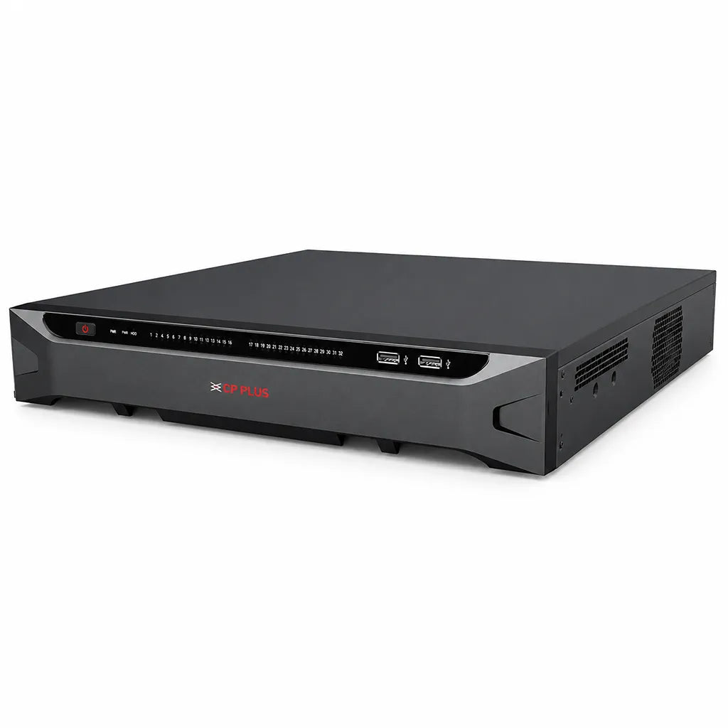 CP PLUS CP-UNR-4K5324-V3 32 Channel 4K AI Network Video Recorder front left angle showing compact rackmount design -tpstech.in