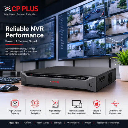 CP PLUS CP-UNR-4K5324-V3 AI Network Video Recorder feature banner highlighting 32 channels, AI analytics, remote access and high storage support -tpstech.in
