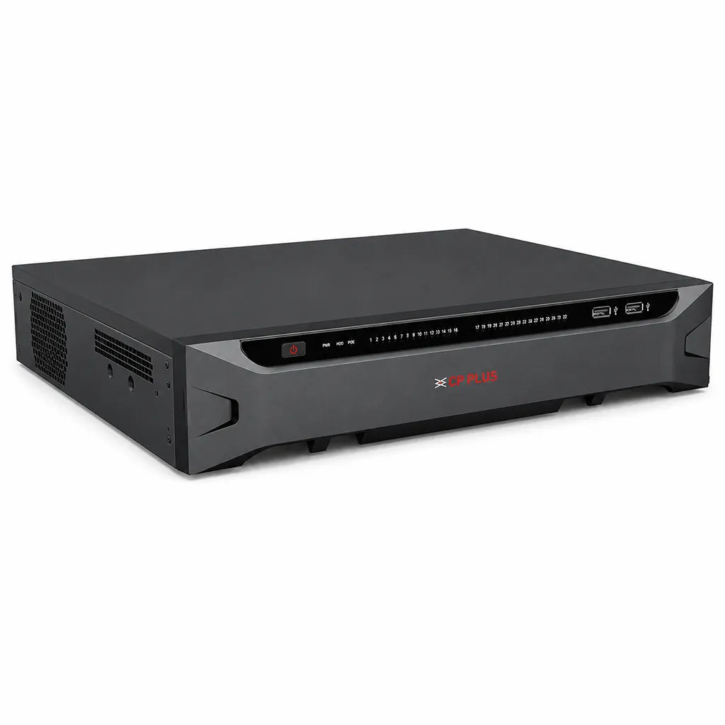 CP PLUS CP-UNR-4K5324-V3 32 Channel Network Video Recorder front right angle with durable metal chassis -tpstech.in