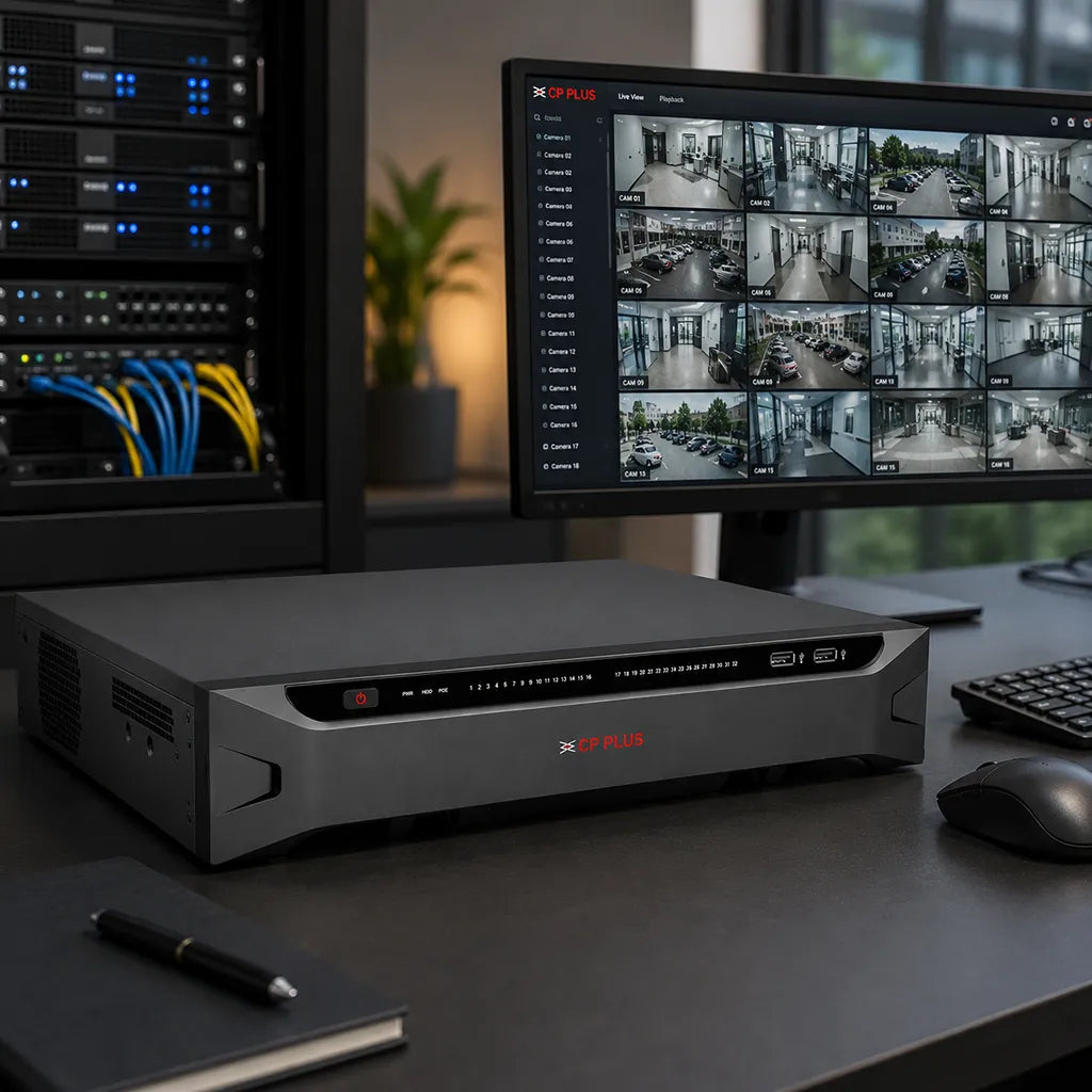 CP PLUS CP-UNR-4K5324-V3 AI Network Video Recorder installed for office surveillance with live multi-camera monitoring -tpstech.in