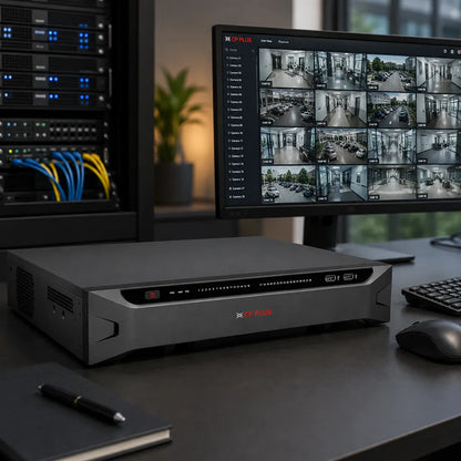 CP PLUS CP-UNR-4K5324-V3 AI Network Video Recorder installed for office surveillance with live multi-camera monitoring -tpstech.in