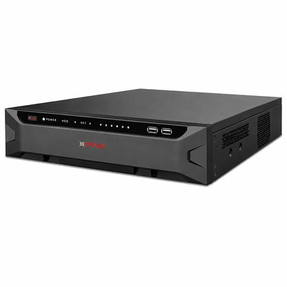 CP PLUS CP-UNR-4K564R8-FI 64 Channel AI Network Video Recorder front left angle showing premium metal chassis and front USB ports -tpstech.in
