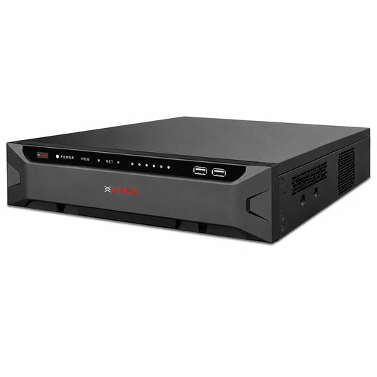 CP PLUS CP-UNR-4K564R8-FI 64 Channel AI Network Video Recorder front left angle showing premium metal chassis and front USB ports -tpstech.in
