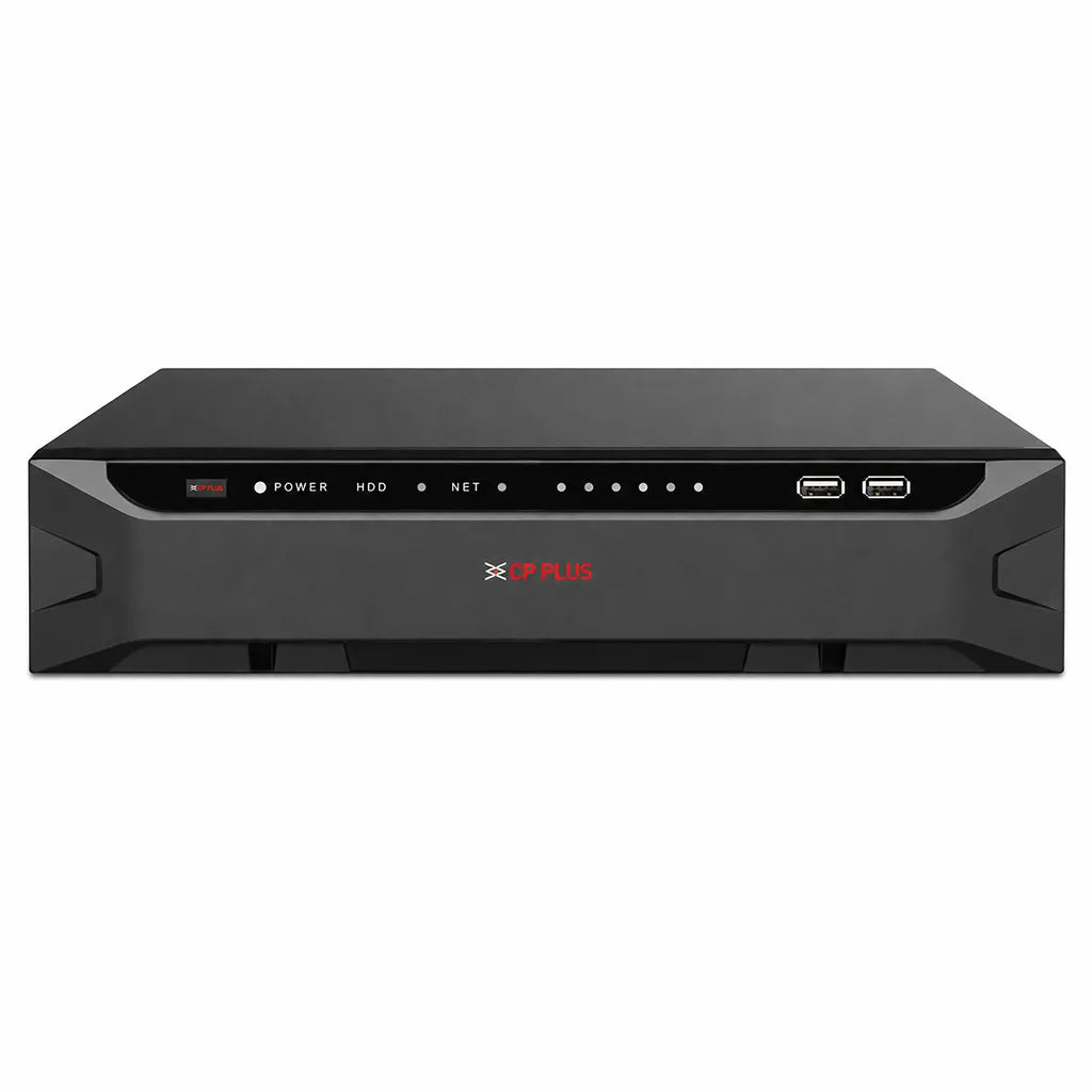 CP PLUS CP-UNR-4K564R8-FI 64 Channel AI Network Video Recorder front view with dual USB ports and LED status indicators -tpstech.in