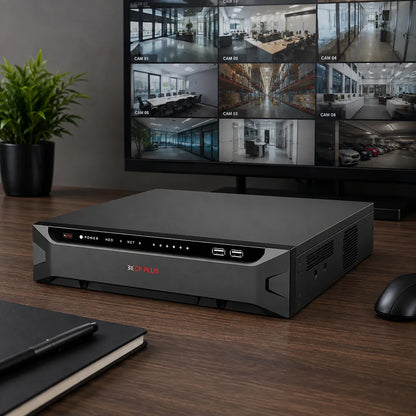 CP PLUS CP-UNR-4K564R8-FI 64 Channel AI Network Video Recorder installed in a professional office surveillance monitoring setup -tpstech.in