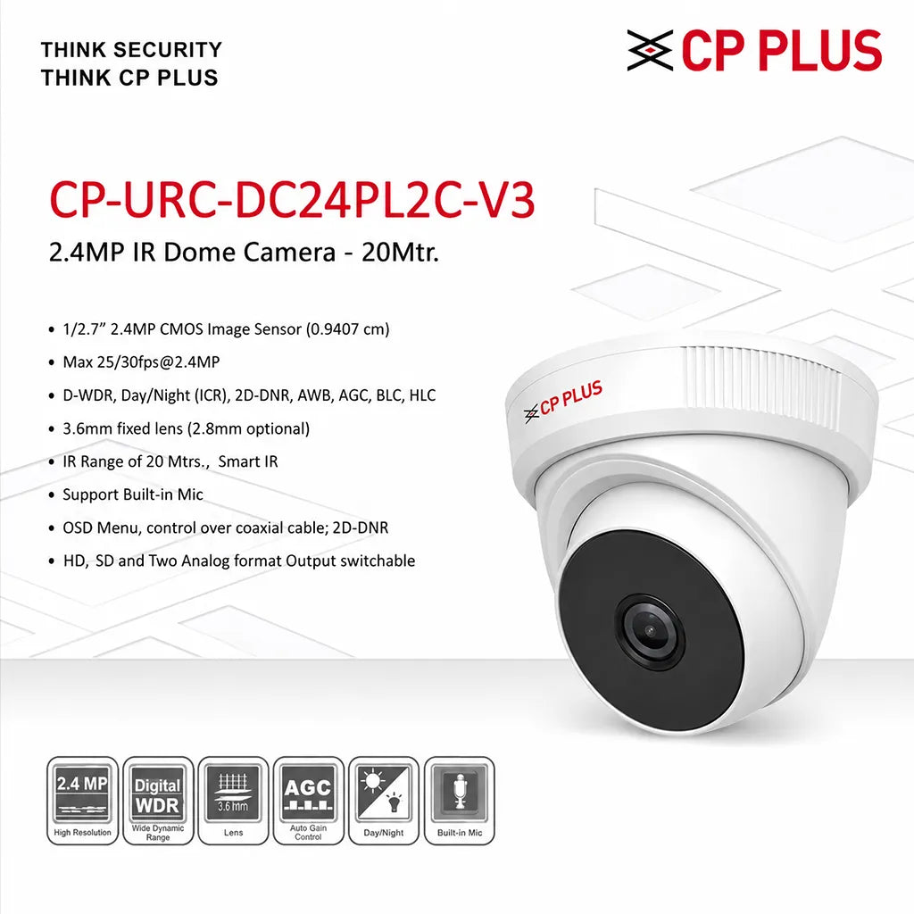 CP PLUS CP-URC-DC24PL2C-V3 2.4MP IR Dome Camera feature banner highlighting Smart IR, DWDR and built-in microphone -tpstech.in