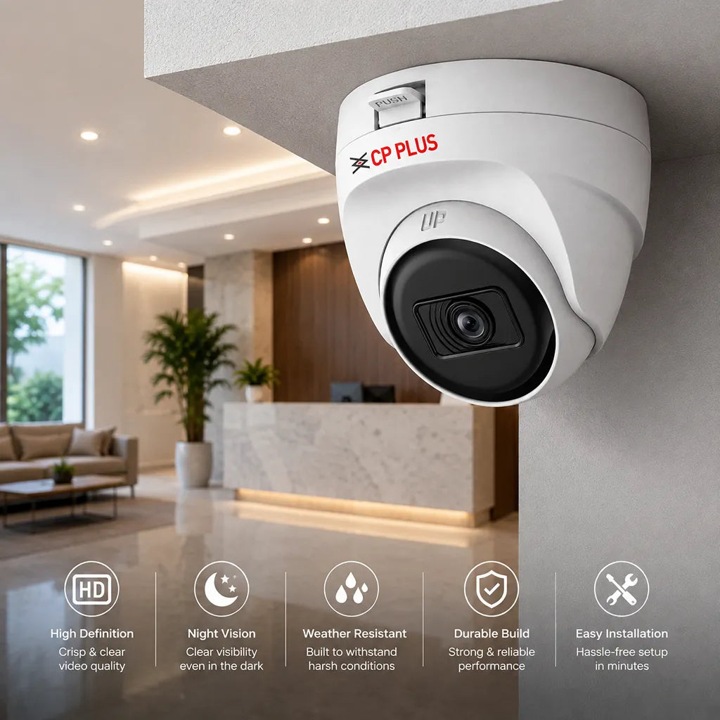 CP PLUS CP-URC-DC24PL3 2.4MP Full HD IR Dome Camera installed in an office for reliable indoor security surveillance -tpstech.in