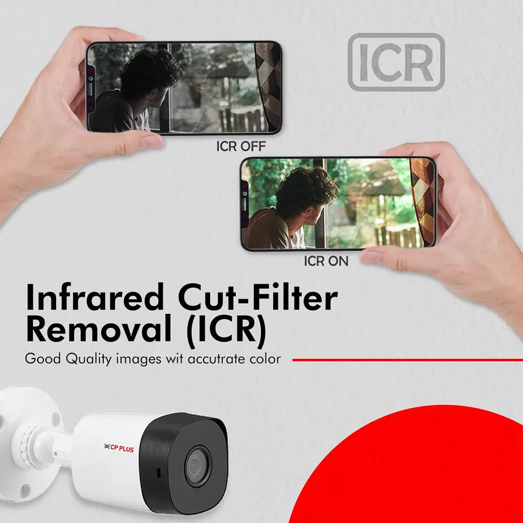 CP PLUS CP-URC-TC24PL2-V3 Bullet Camera featuring Infrared Cut Filter Removal (ICR) for accurate day and night color surveillance -tpstech.in