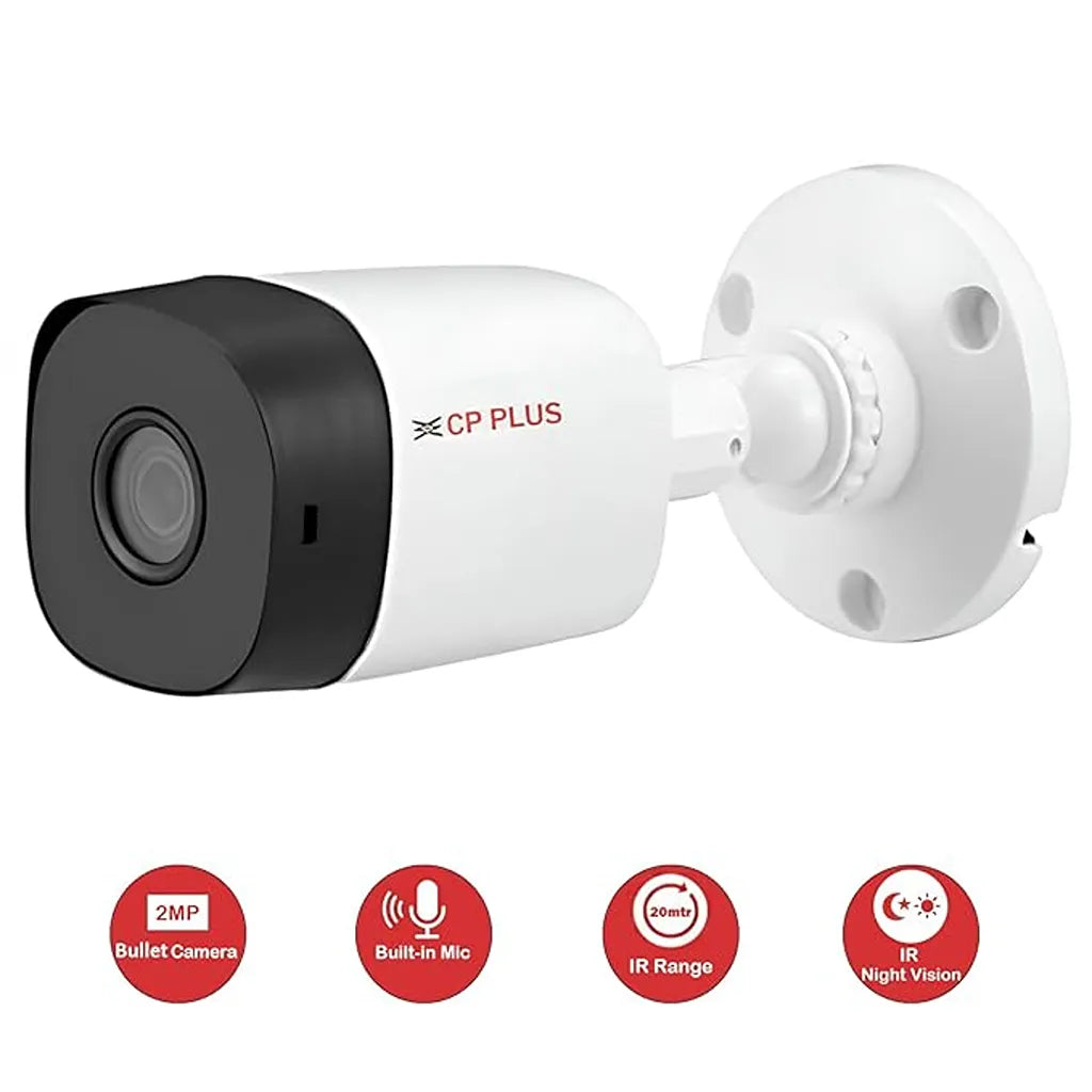 CP PLUS CP-URC-TC24PL2C-V3 2.4MP HD IR bullet CCTV camera front left angle view with built-in microphone -tpstech.in