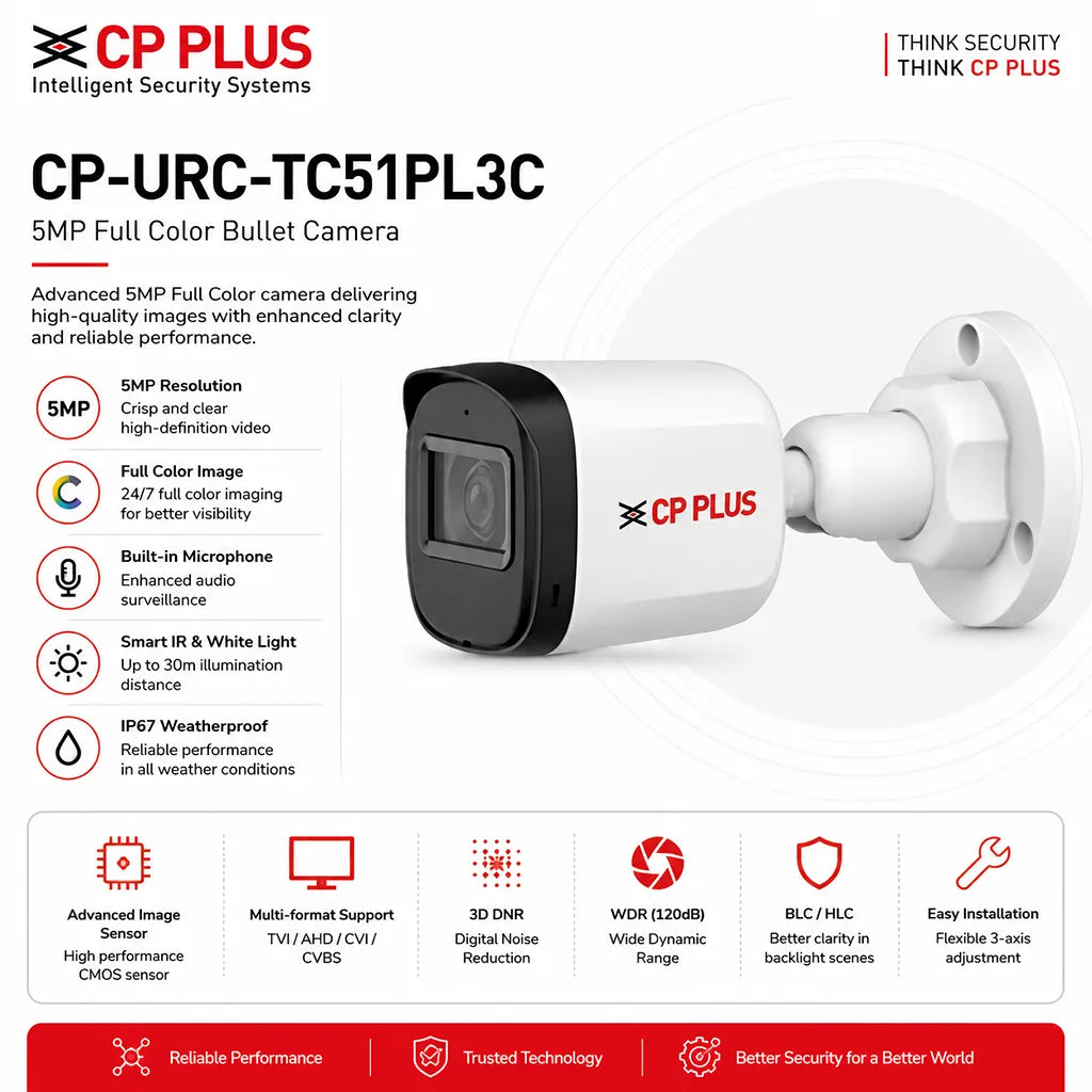 CP PLUS CP-URC-TC51PL3C 5MP Full Color Bullet Camera features including Smart IR white light built-in microphone and IP67 protection -tpstech.in