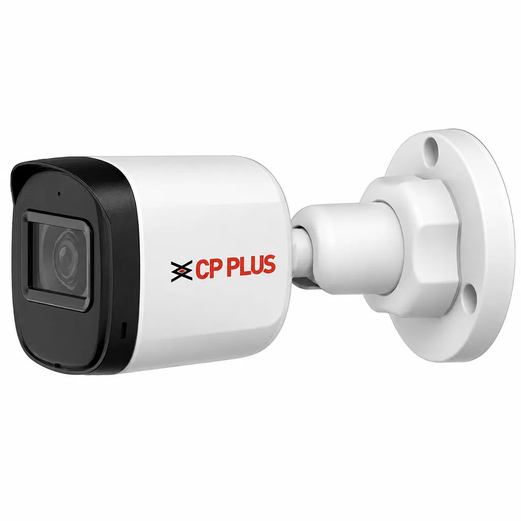 CP PLUS CP-URC-TC51PL3C 5MP Full Color Bullet Security Camera left angle view with built-in microphone and Smart IR -tpstech.in