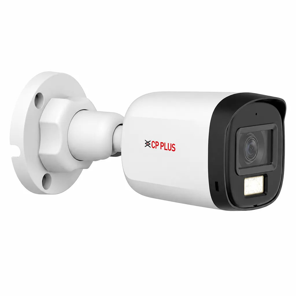 CP PLUS CP-URC-TC51PL3C-L 5MP dual light bullet security camera front right angle showing lens and warm light LED -tpstech.in