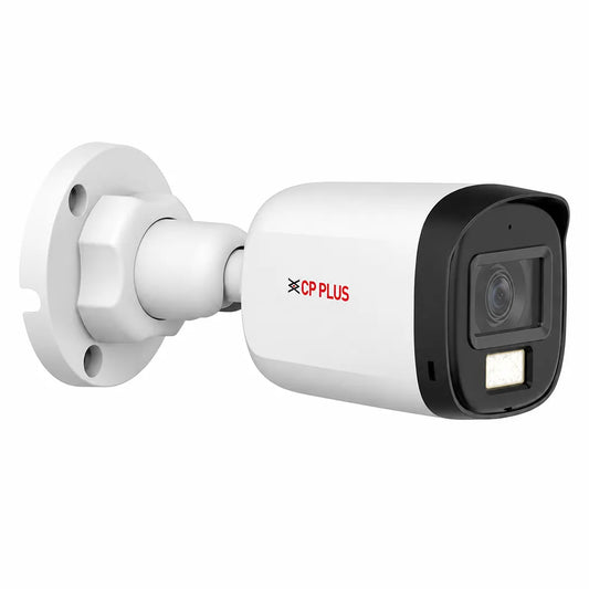 CP PLUS CP-URC-TC51PL3C-L 5MP dual light bullet security camera front right angle showing lens and warm light LED -tpstech.in