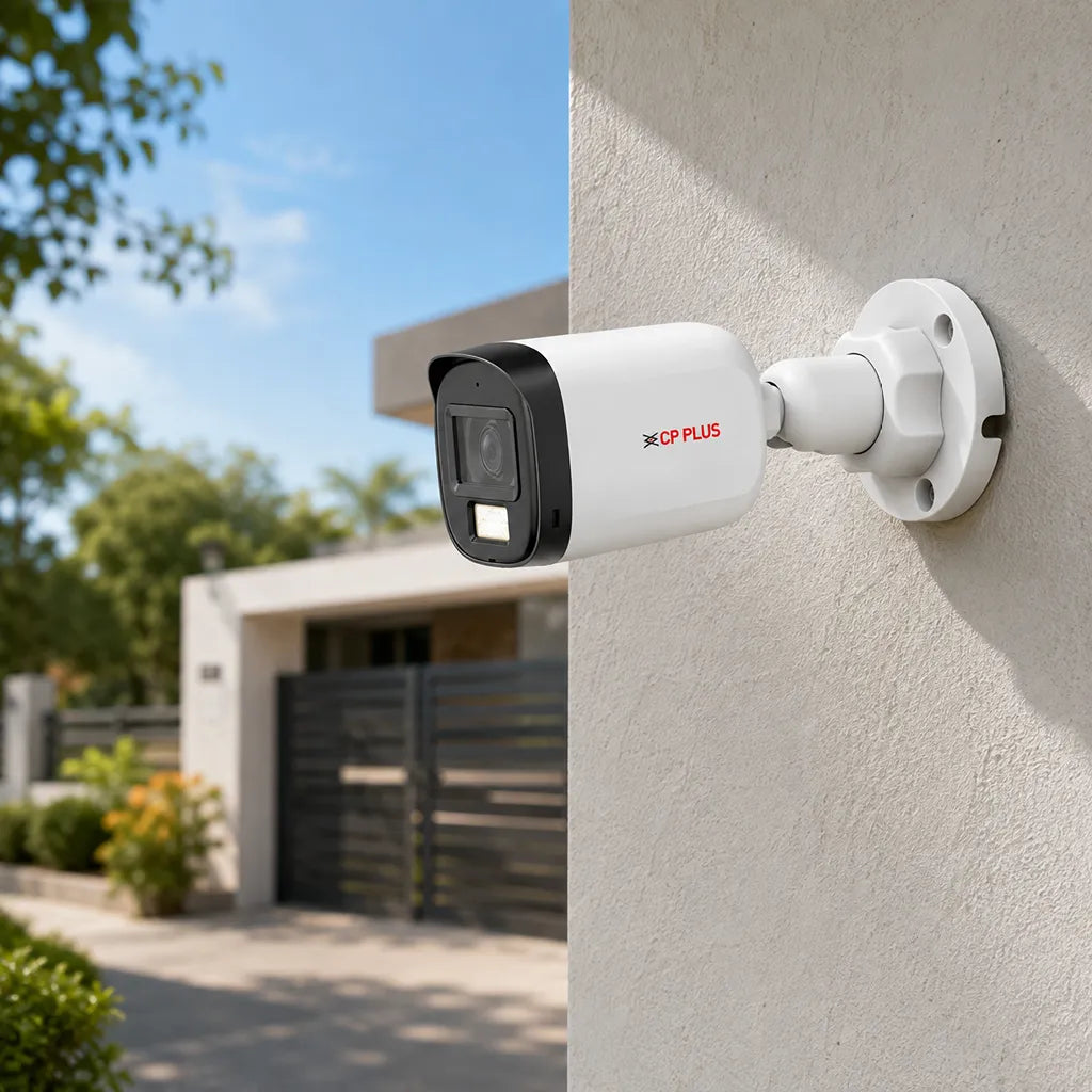 CP PLUS CP-URC-TC51PL3C-L 5MP dual light bullet CCTV camera installed on exterior wall for home security -tpstech.in