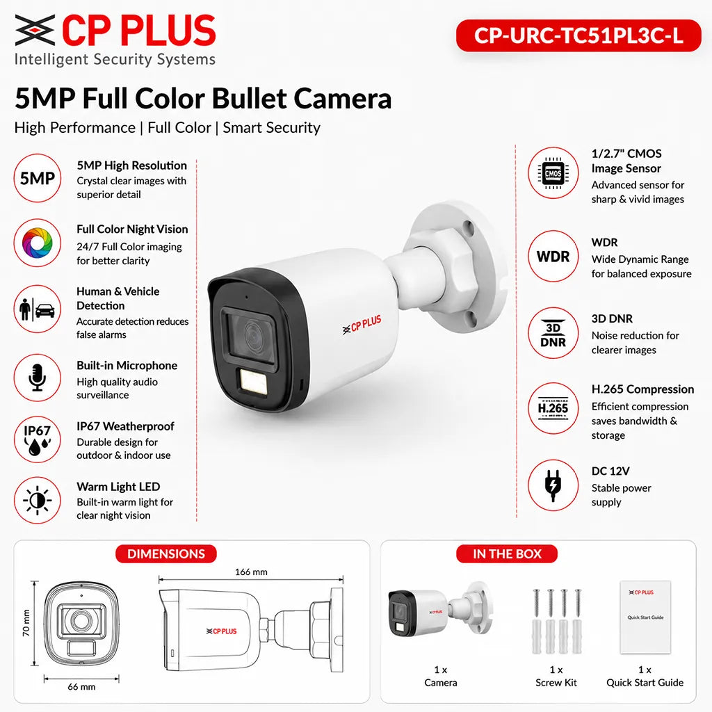 CP PLUS CP-URC-TC51PL3C-L 5MP full color bullet camera features specifications dimensions and box contents infographic -tpstech.in