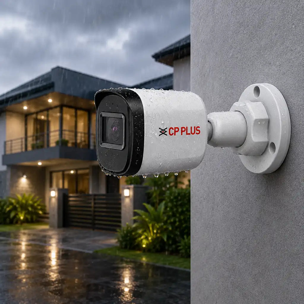 CP PLUS CP-URC-TC51PL3C 5MP Full Color Bullet Security Camera installed outdoors with IP67 weatherproof protection -tpstech.in