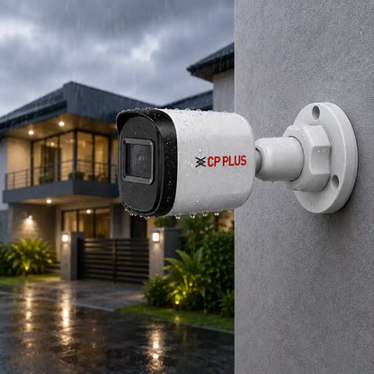 CP PLUS CP-URC-TC51PL3C 5MP Full Color Bullet Security Camera installed outdoors with IP67 weatherproof protection -tpstech.in