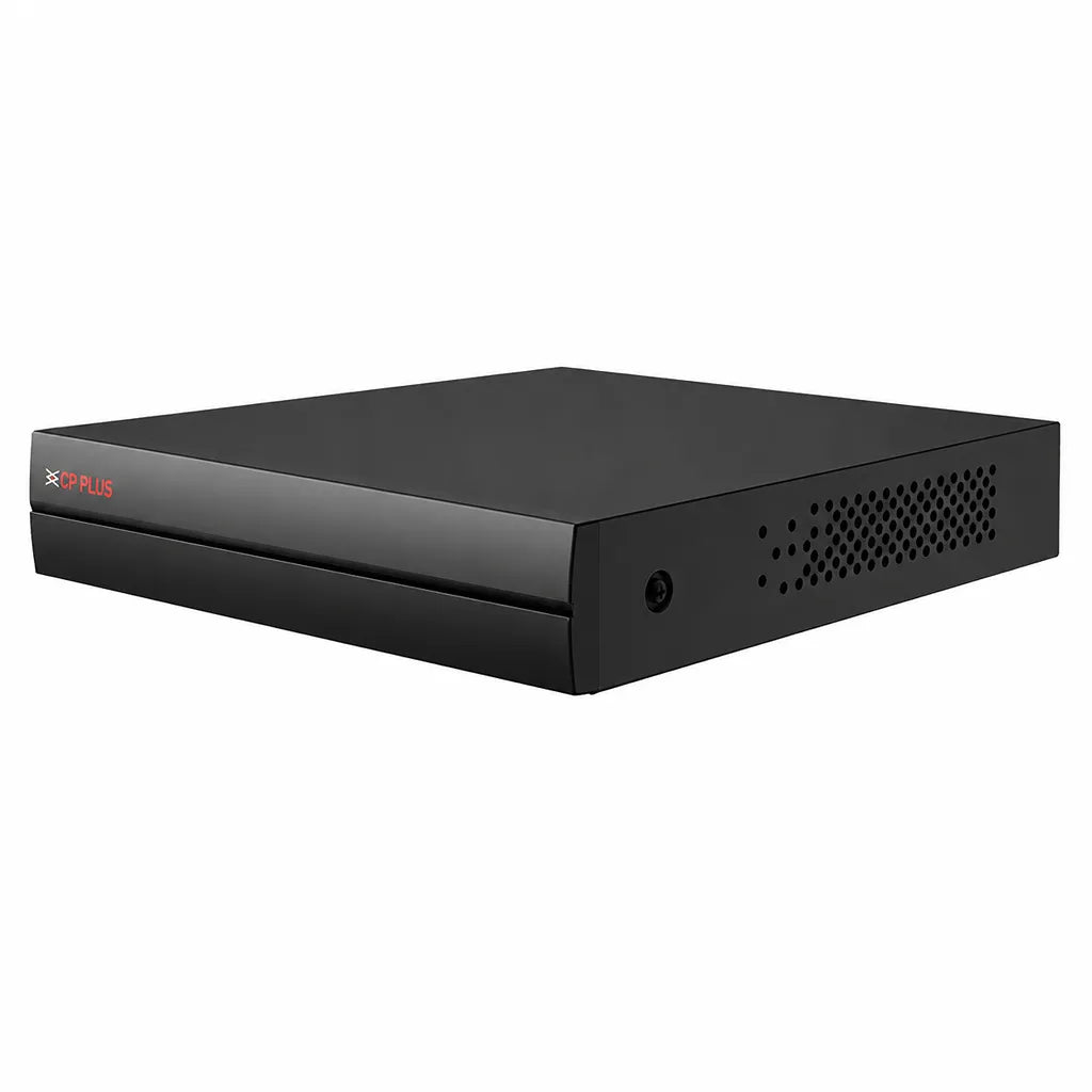 CP PLUS CP-UVR-0401E1V-I 4 Channel HD DVR front right angle view with compact metal housing -tpstech.in
