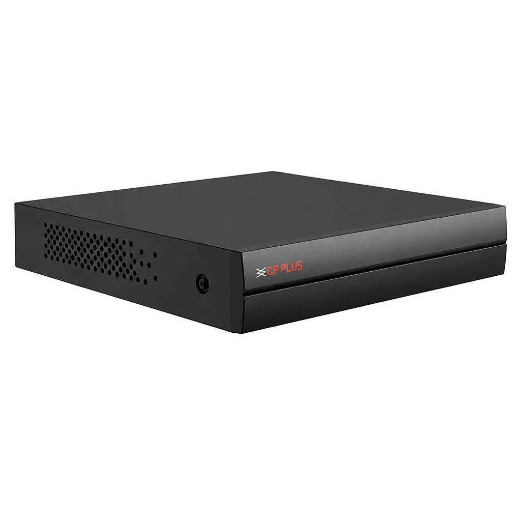 CP PLUS CP-UVR-0801F1V-I 8 Channel Full HD AI DVR front left angle view showing compact surveillance recorder design -tpstech.in