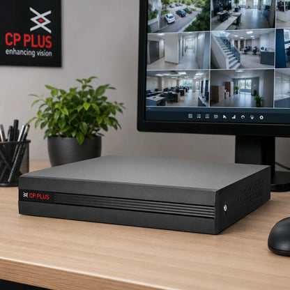 CP PLUS CP-UVR-1601E1-HC 16 Channel H.265 HD CCTV DVR installed in an office surveillance monitoring setup with live security camera display -tpstech.in