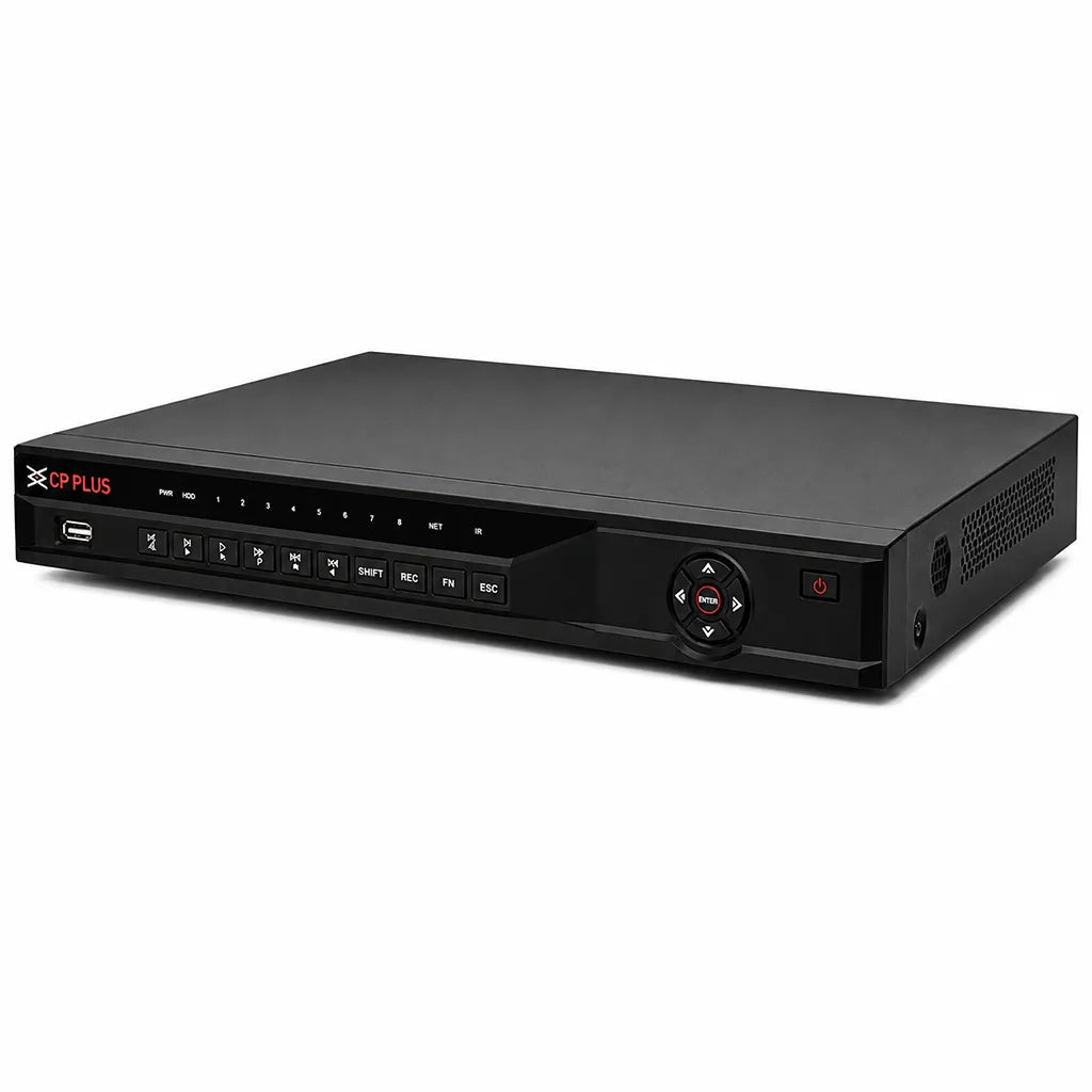 CP PLUS CP-UVR-3201E2-I 32 Channel AI Hybrid DVR right front angle highlighting front panel and ventilation design -tpstech.in