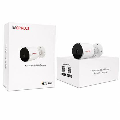 CP Plus CP-V21 2MP Full HD Wi-Fi Bullet Camera with retail box and product display for home security -tpstech.in