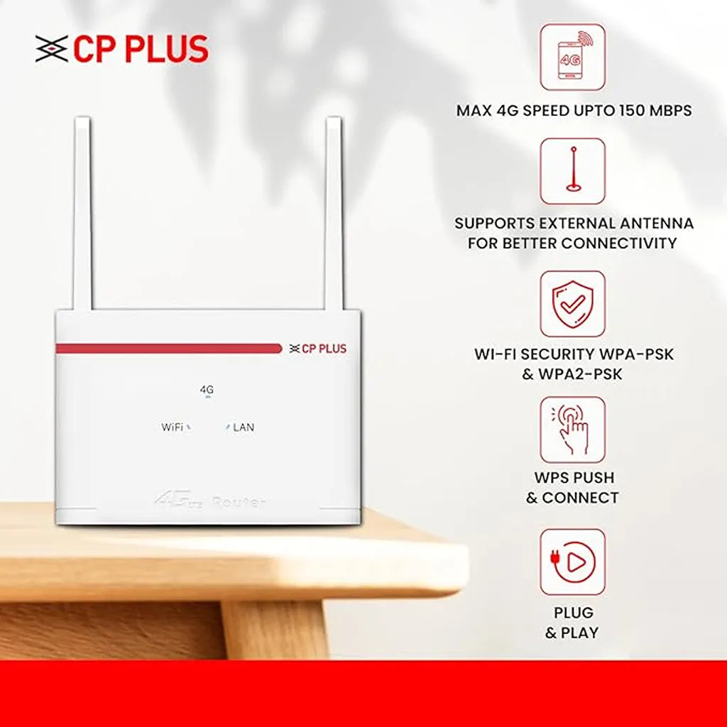 CP PLUS CP-XR-DE21-S 4G WiFi Router highlighting 150Mbps speed, external antenna, WPS and plug and play support -tpstech.in