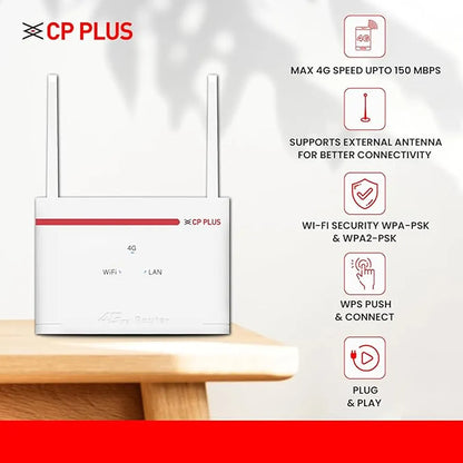 CP PLUS CP-XR-DE21-S 4G WiFi Router highlighting 150Mbps speed, external antenna, WPS and plug and play support -tpstech.in