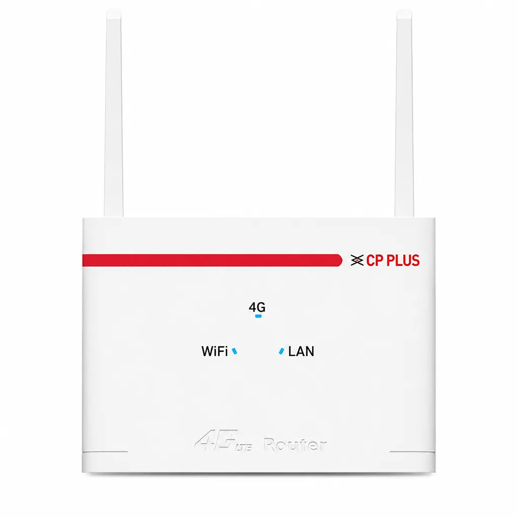 Front view of CP PLUS CP-XR-DE21-S 4G WiFi Router with dual external antennas and LED status indicators -tpstech.in
