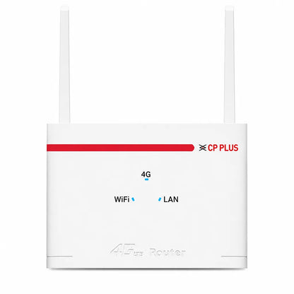 Front view of CP PLUS CP-XR-DE21-S 4G WiFi Router with dual external antennas and LED status indicators -tpstech.in