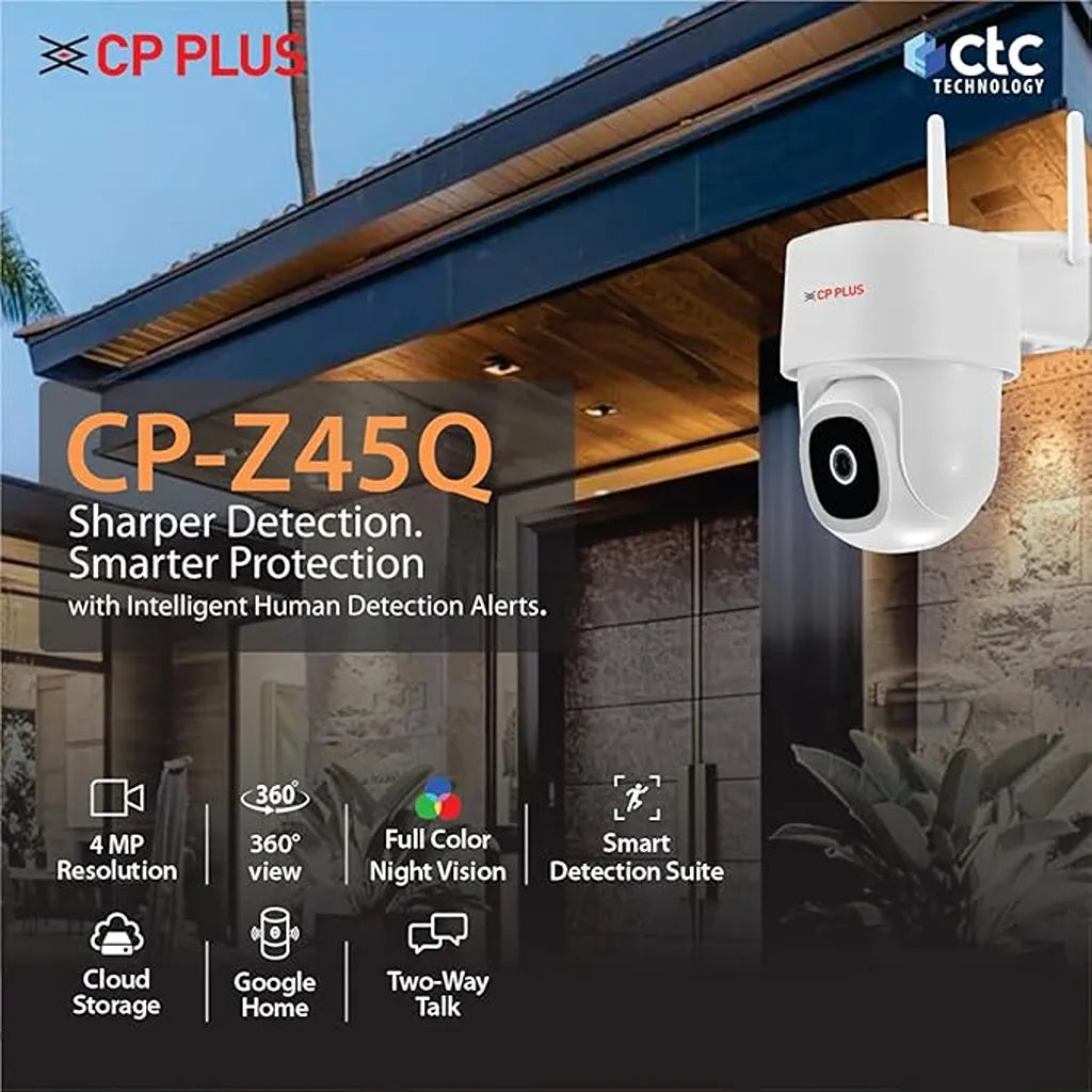 CP PLUS CP-Z45Q 4MP Outdoor WiFi PT Camera with full color night vision, Google Home and two-way talk -tpstech.in