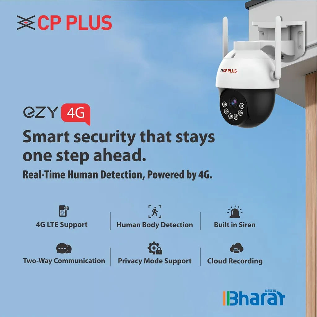 CP PLUS EZ-S35T 3MP 4G security camera featuring 4G LTE support, human body detection, built in siren, two way communication and cloud recording -tpstech.in