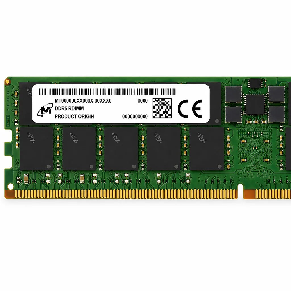 Crucial 128GB DDR5 RAM 5600MHz CL46 288-Pin ECC RDIMM Server & Workstation Memory close-up highlighting memory chips, ECC architecture and gold-plated contacts -tpstech.in
