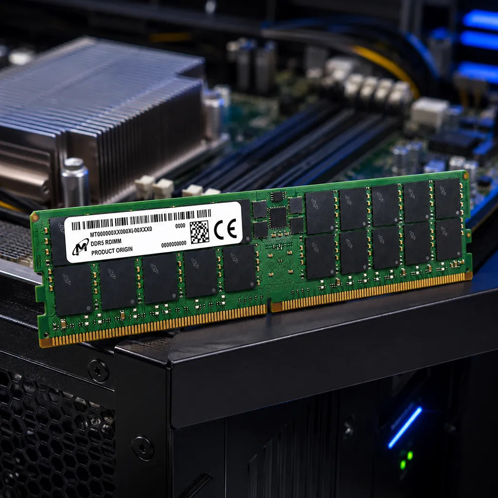 Crucial 128GB DDR5 RAM 5600MHz CL46 288-Pin ECC RDIMM Server & Workstation Memory showcased inside an enterprise server system for high-performance computing workloads -tpstech.in