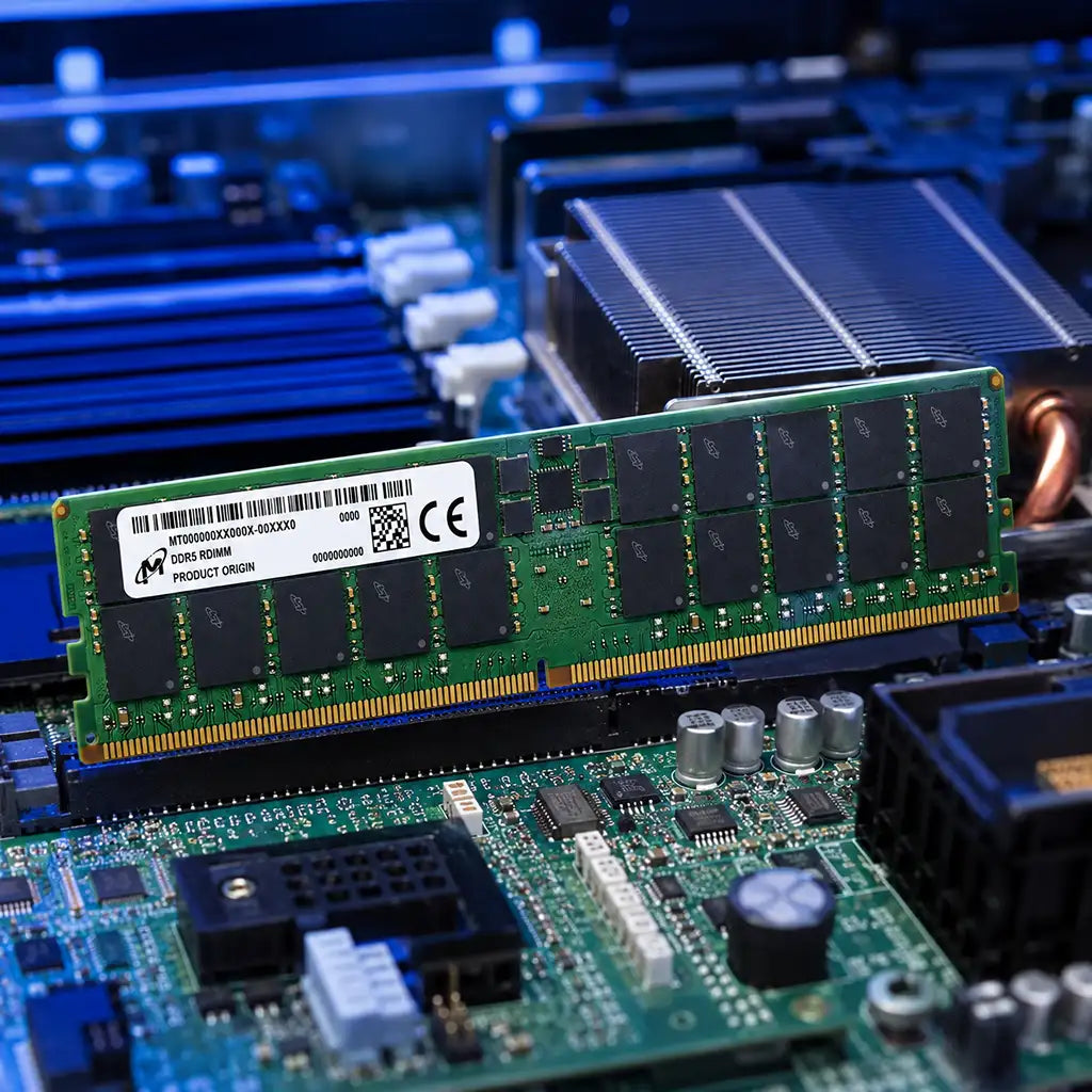 Crucial 128GB DDR5 RAM 5600MHz CL46 288-Pin ECC RDIMM Server & Workstation Memory installed on a server motherboard in a professional data center environment -tpstech.in