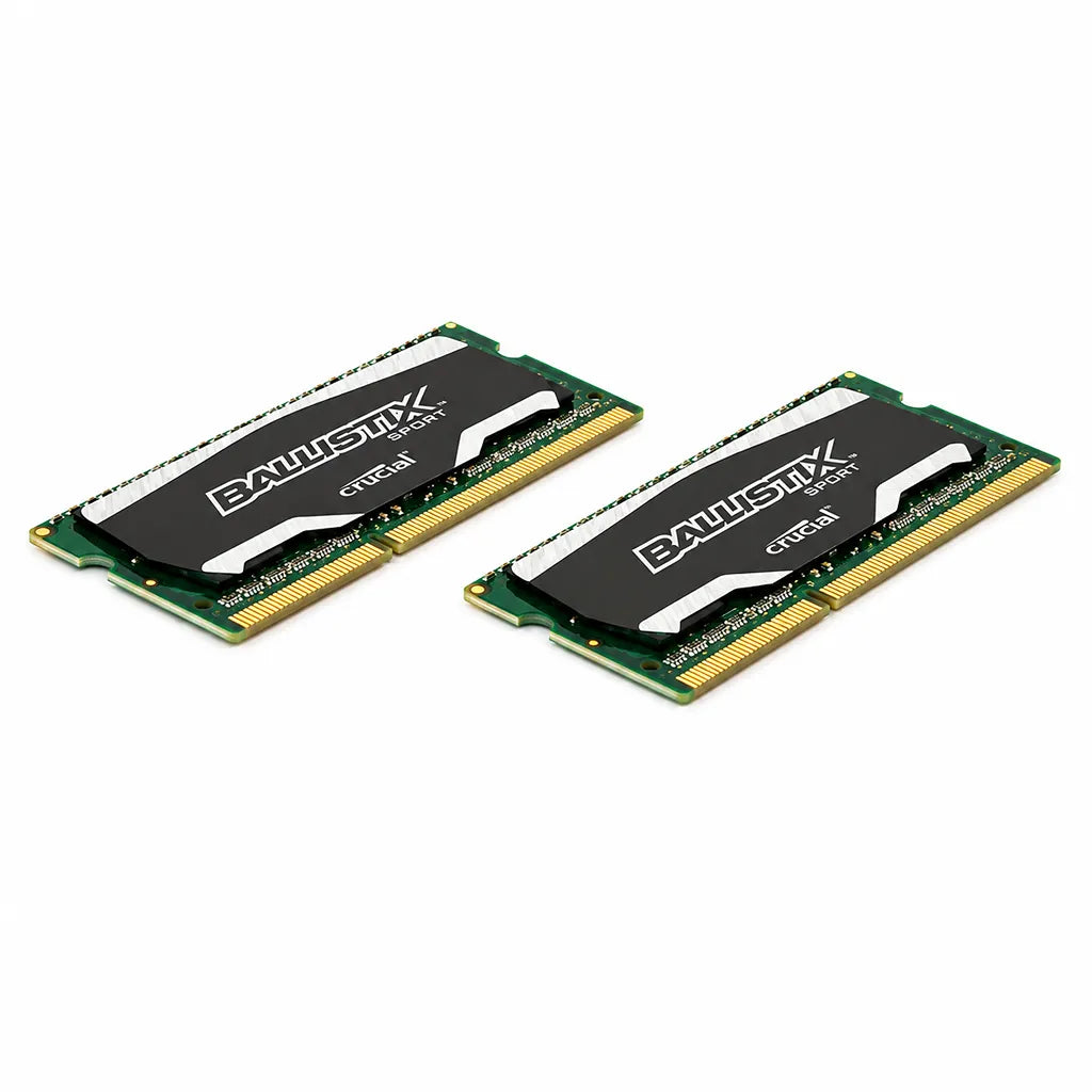 Crucial Ballistix Sport 16GB Kit (8GBx2) DDR3 1866Mhz SODIMM Laptop Memory angled dual module view with black heat spreaders on white background -tpstech.in