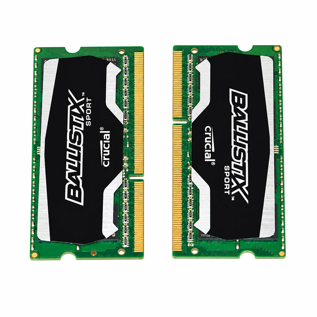 Crucial Ballistix Sport 16GB Kit (8GBx2) DDR3 1866Mhz SODIMM Laptop Memory front and rear module view showing gold contacts on white background -tpstech.in