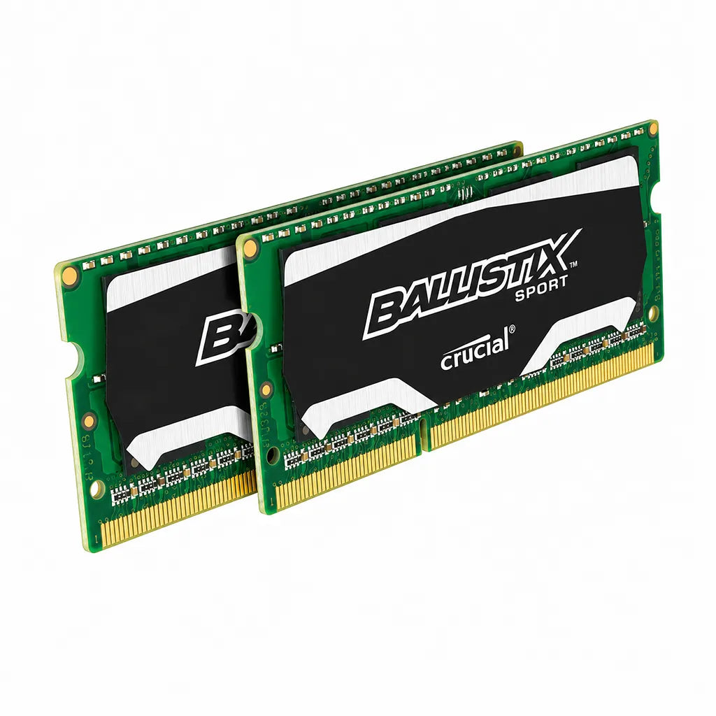 Crucial Ballistix Sport 16GB Kit (8GBx2) DDR3 1866Mhz SODIMM Laptop Memory standing dual module display with Ballistix Sport branding on white background -tpstech.in