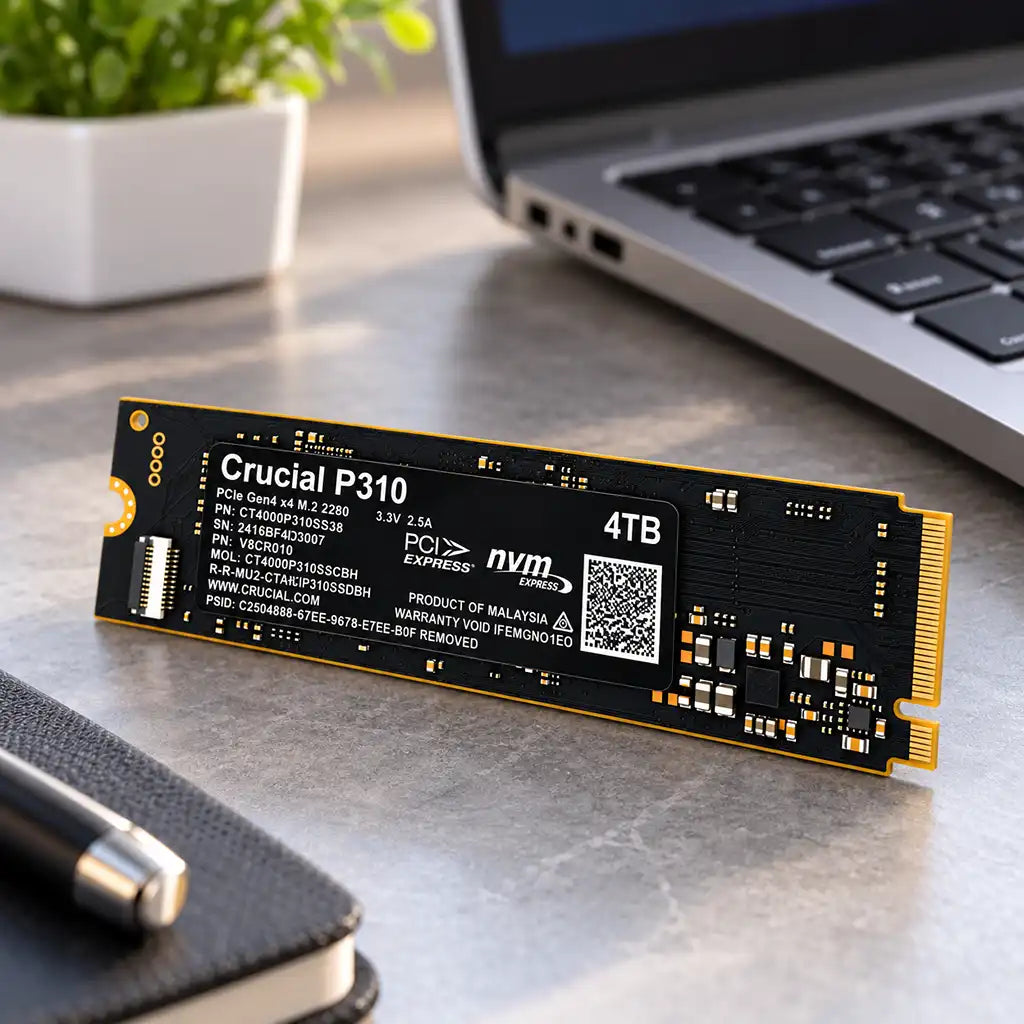 Crucial P310 4TB PCIe Gen4 NVMe M.2 SSD Pulled-Out on Desk Next to Laptop -tpstech.in