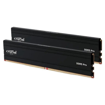 Crucial Pro 96GB Kit (2x48GB) DDR5-5600 UDIMM Desktop RAM angled view showing dual black memory modules with low-profile heat spreaders -tpstech.in