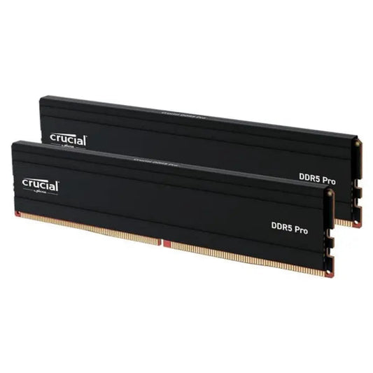 Crucial Pro 96GB Kit (2x48GB) DDR5-5600 UDIMM Desktop RAM angled view showing dual black memory modules with low-profile heat spreaders -tpstech.in