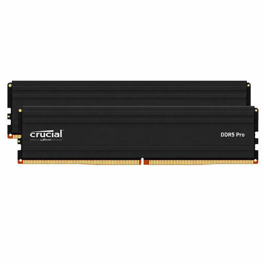 Crucial Pro 96GB Kit (2x48GB) DDR5-5600 UDIMM Desktop RAM front view with black low-profile heat spreaders on white background -tpstech.in