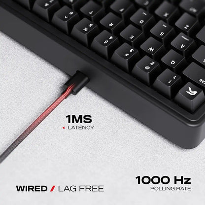 Braided USB Type-C cable connection highlighting 1ms latency and 1000Hz polling rate of Cybeart Akula 65 Lite Compact 65% Wired RGB Mechanical Keyboard -tpstech.in