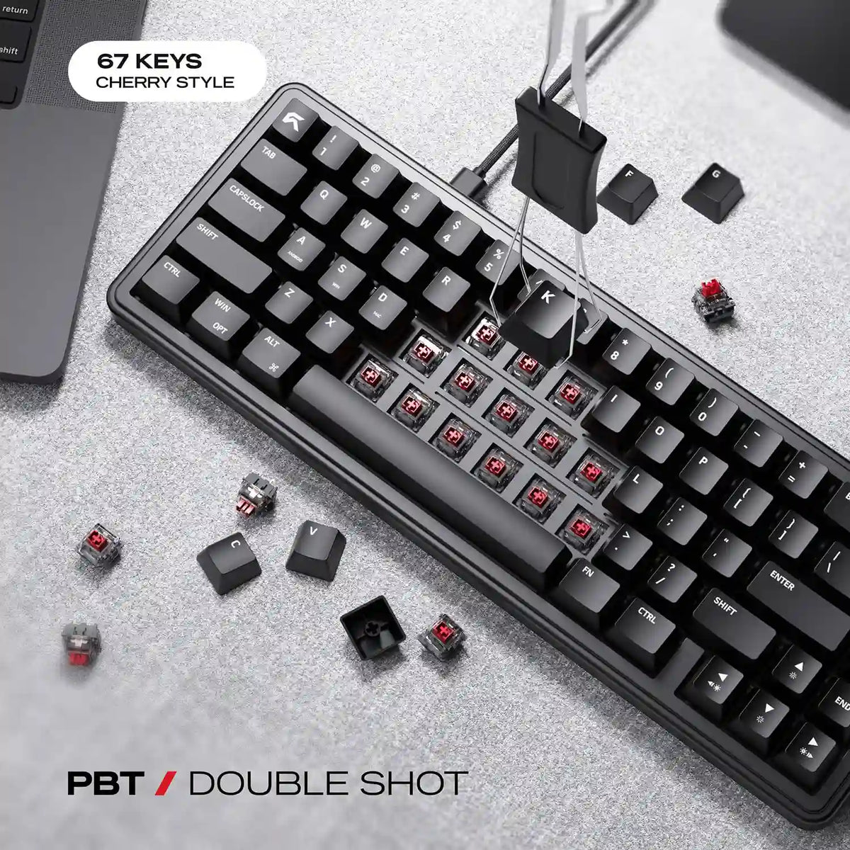 Keycap puller removing Cherry profile double-shot PBT keycaps on Cybeart Akula 65 Lite Compact 65% Wired RGB Mechanical Keyboard -tpstech.in